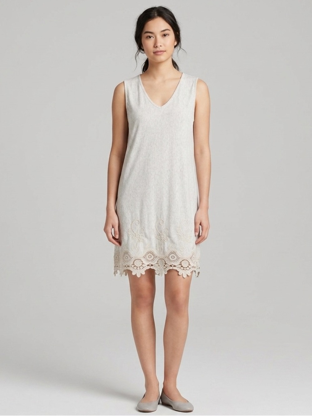 Yest Grey Heathered V-Neck T-Shirt Dress with Lace Hem